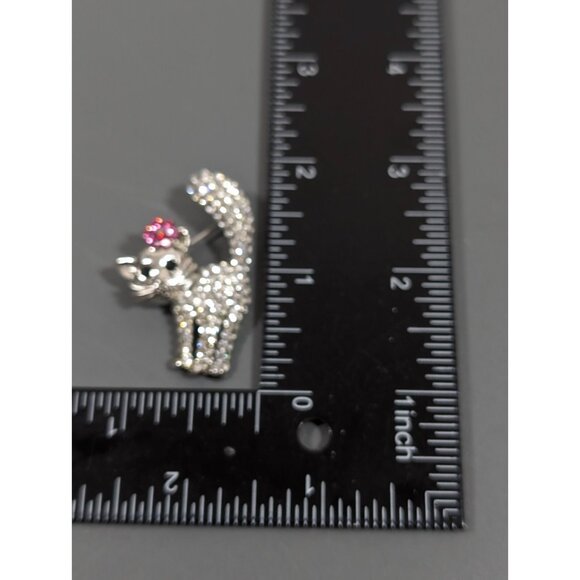 Rhinestone Crystal Pave Scared Cat Kitten Pink Flower Brooch Pin Silver Tone - Picture 7 of 7